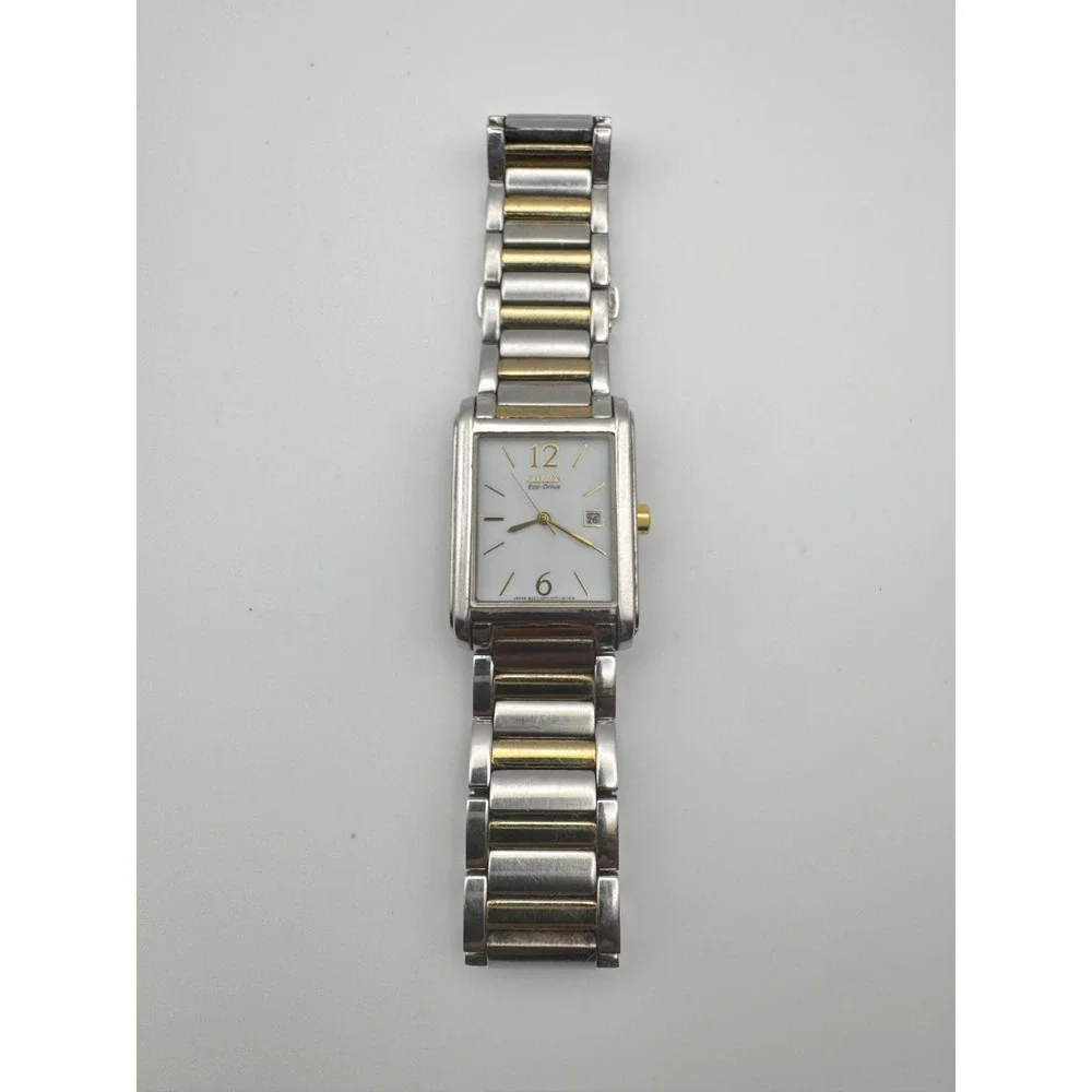 Citizen Eco-Drive Mens Watch  Rectangular Two Tone White Dial Date Working READ